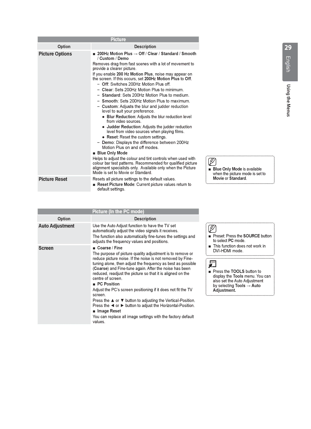 Samsung UE40B8000 user manual Picture Reset, Auto Adjustment, Screen 