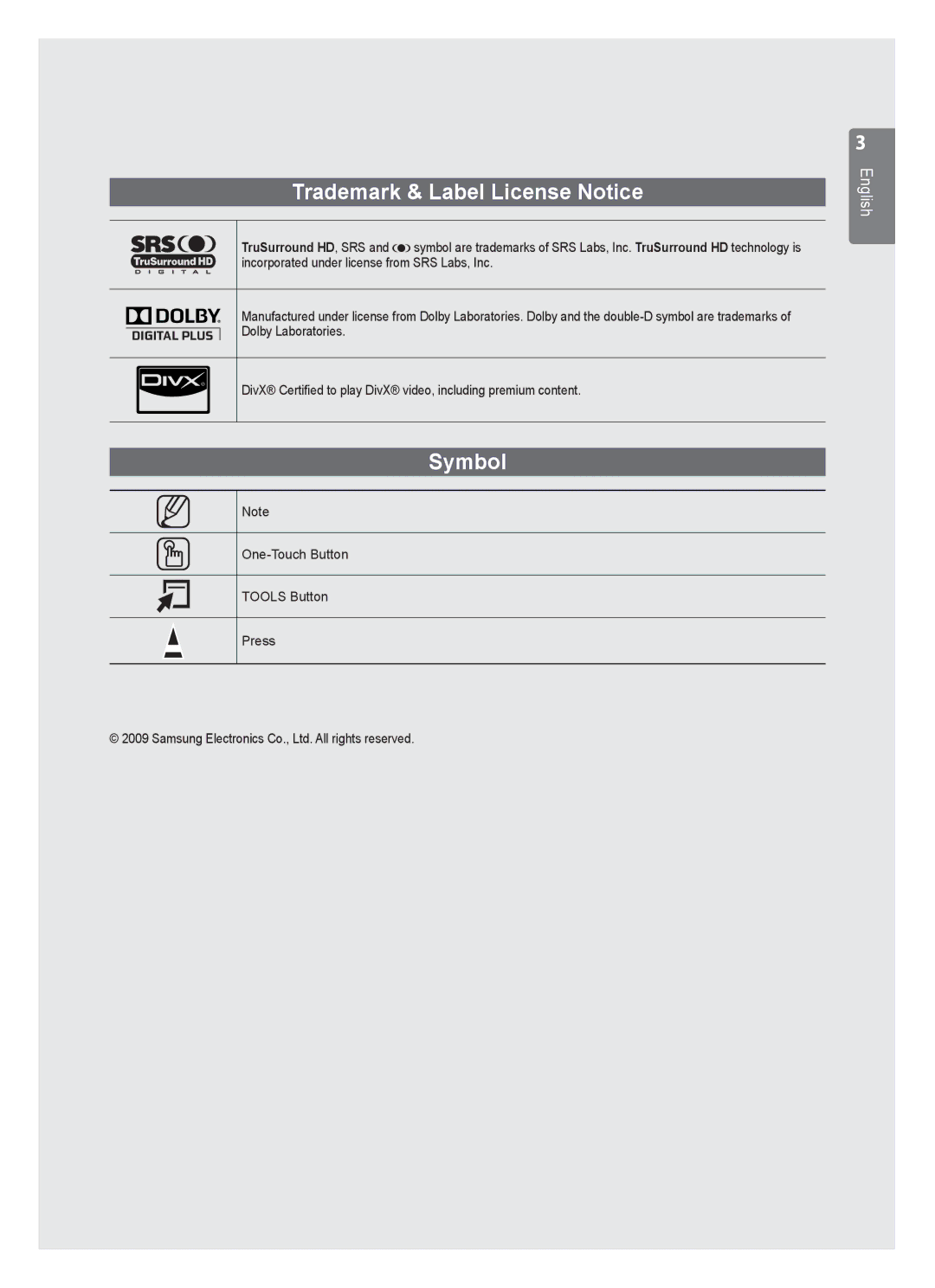 Samsung UE40B8000 user manual Trademark & Label License Notice, Symbol, One-Touch Button Tools Button Press 