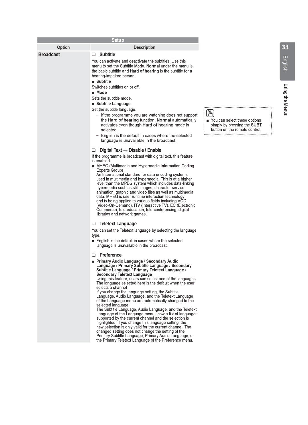 Samsung UE40B8000 user manual Broadcast Subtitle, Digital Text → Disable / Enable, Teletext Language, Preference 