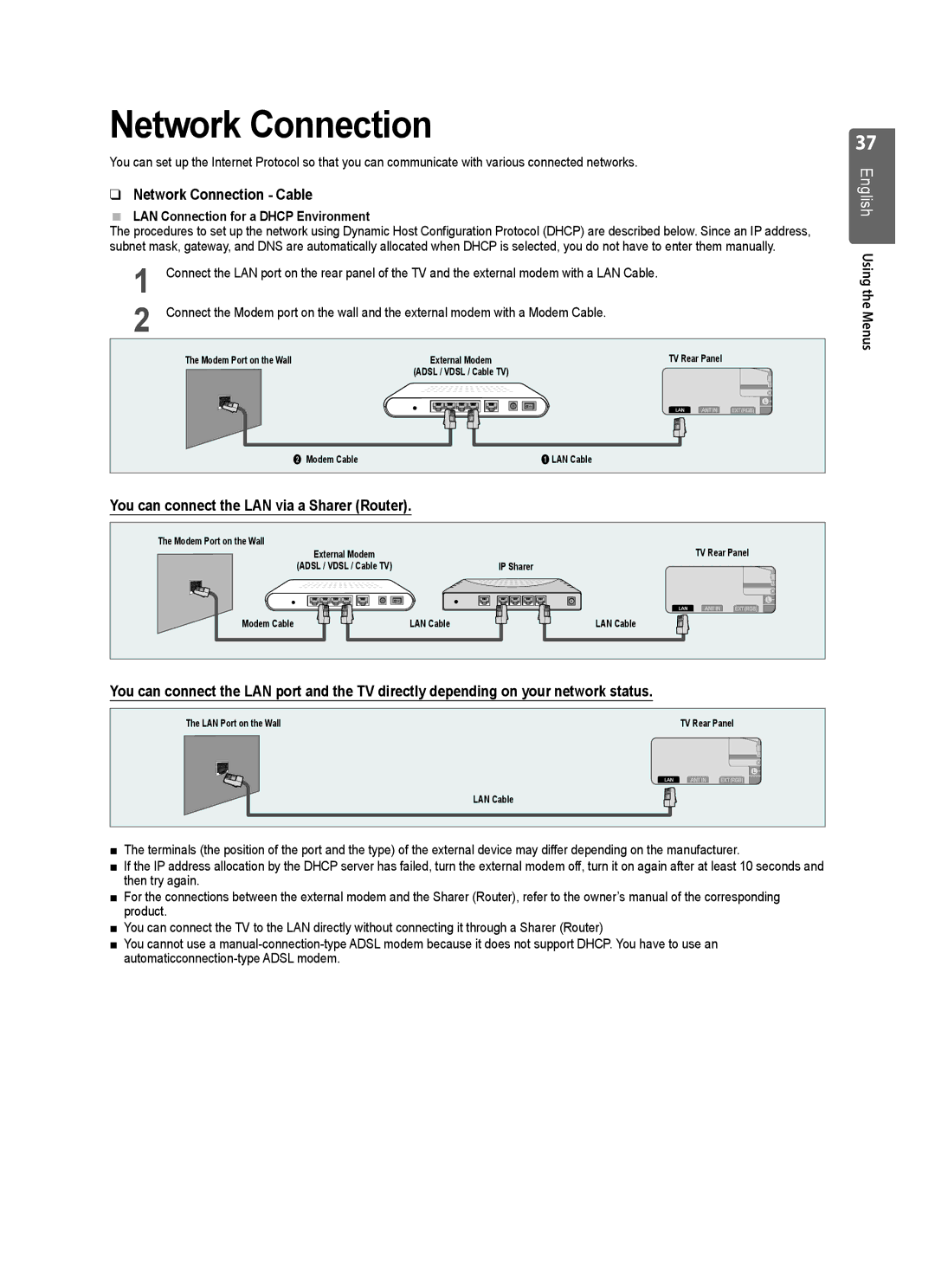 Samsung UE40B8000 user manual Network Connection Cable, You can connect the LAN via a Sharer Router 