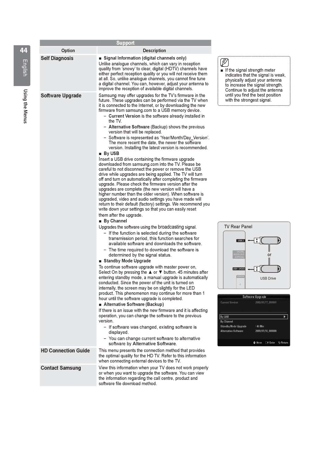 Samsung UE40B8000 user manual Self Diagnosis, Software Upgrade, HD Connection Guide, Contact Samsung 