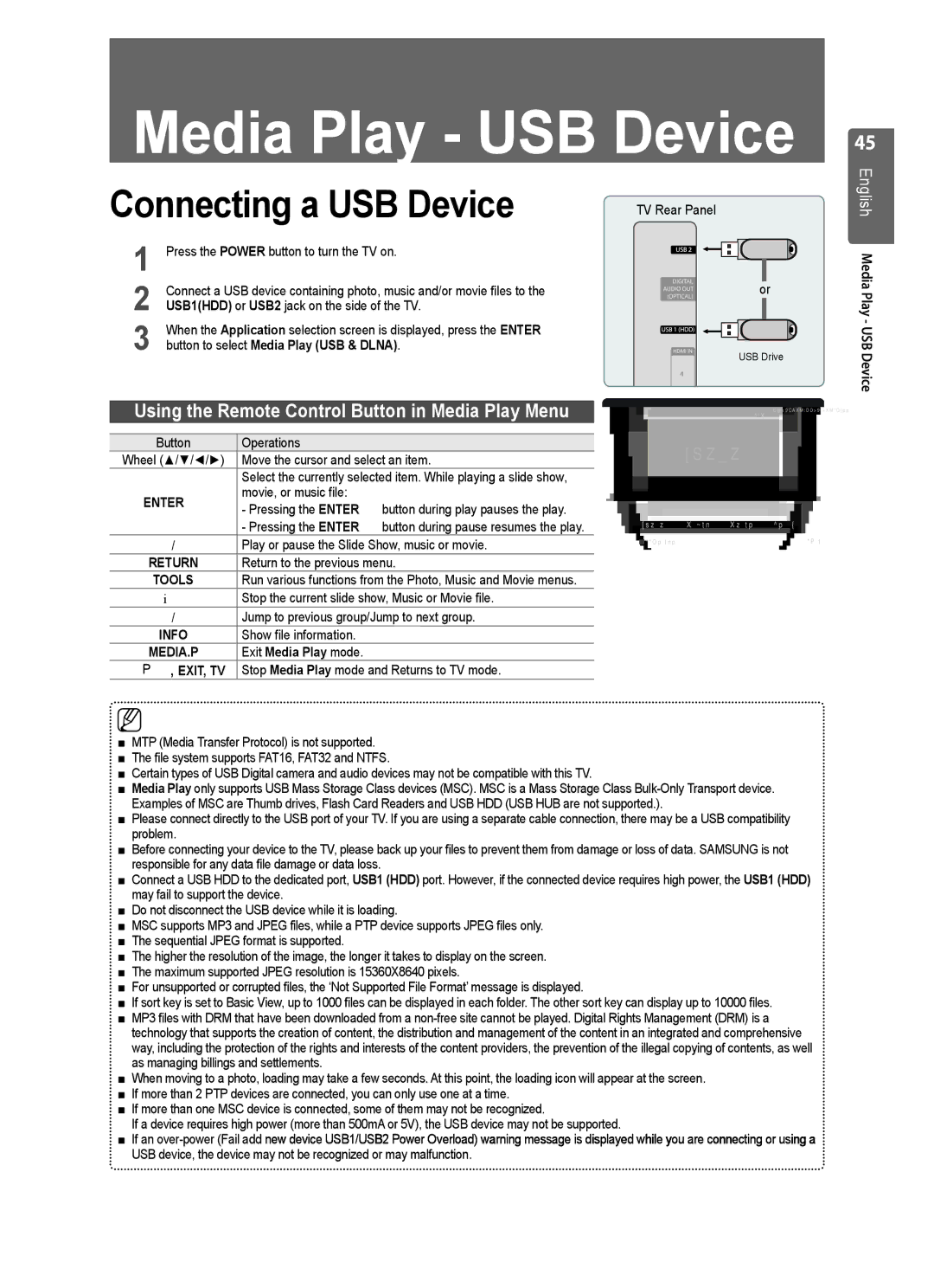 Samsung UE40B8000 Connecting a USB Device, Button to select Media Play USB & Dlna, English Media Play USB Device, ∂/∑ 