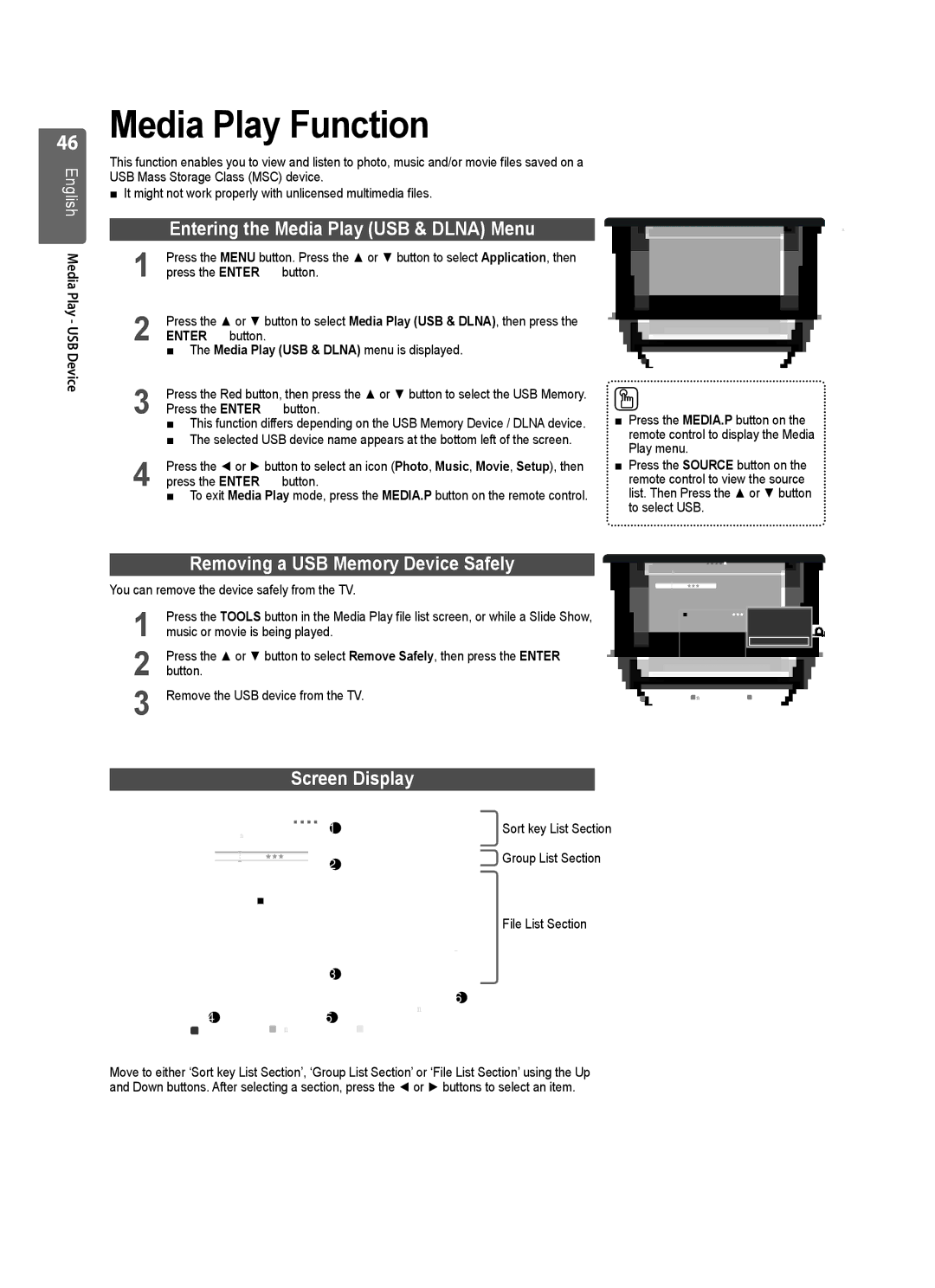 Samsung UE40B8000 Media Play Function, Entering the Media Play USB & Dlna Menu, Removing a USB Memory Device Safely 