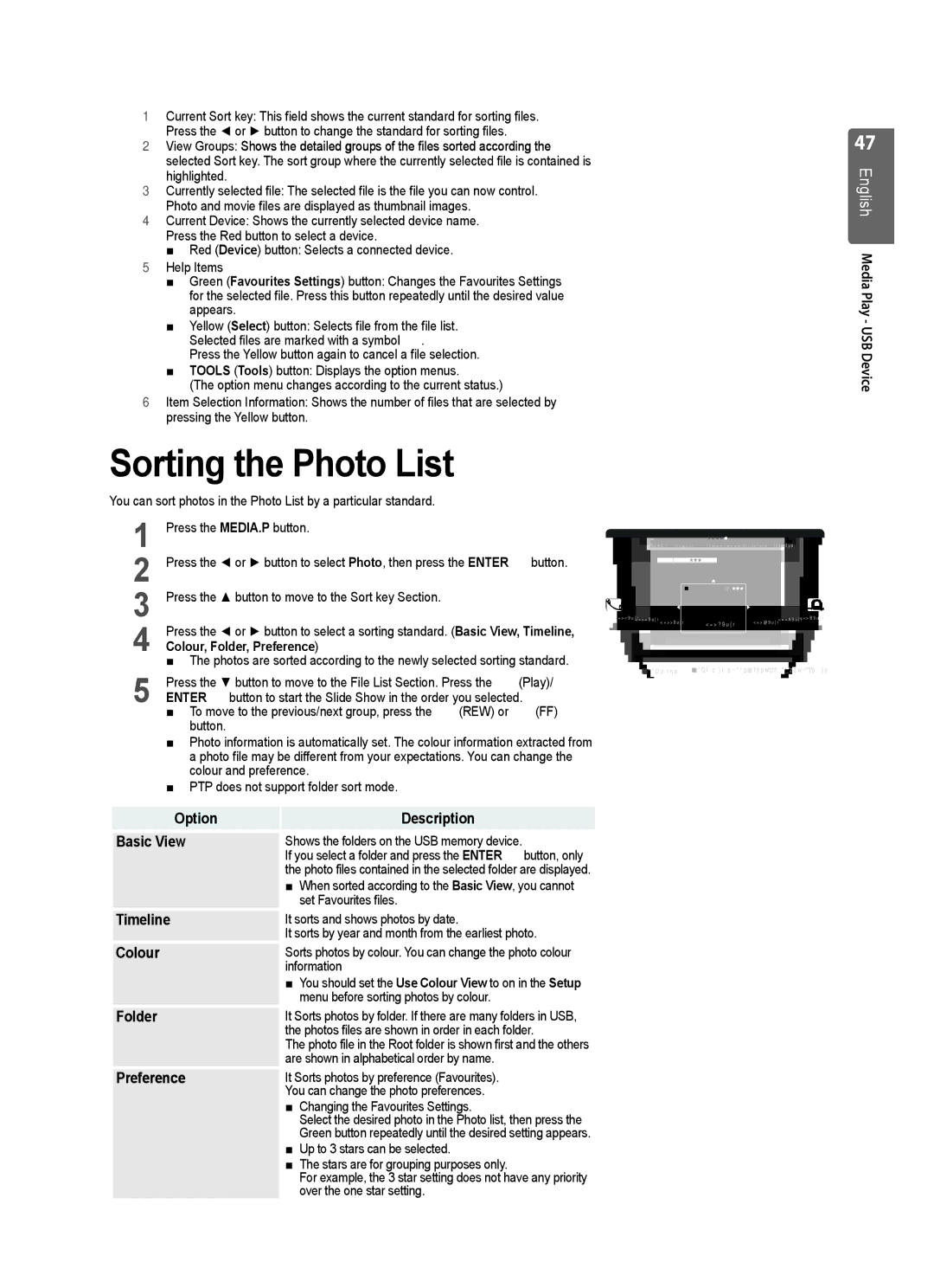 Samsung UE40B8000 Sorting the Photo List, Option Description Basic View, Timeline, Colour, Folder, Preference 