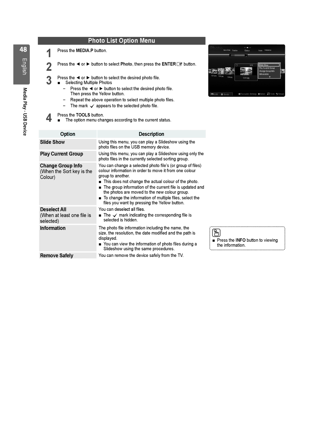 Samsung UE40B8000 user manual Photo List Option Menu 