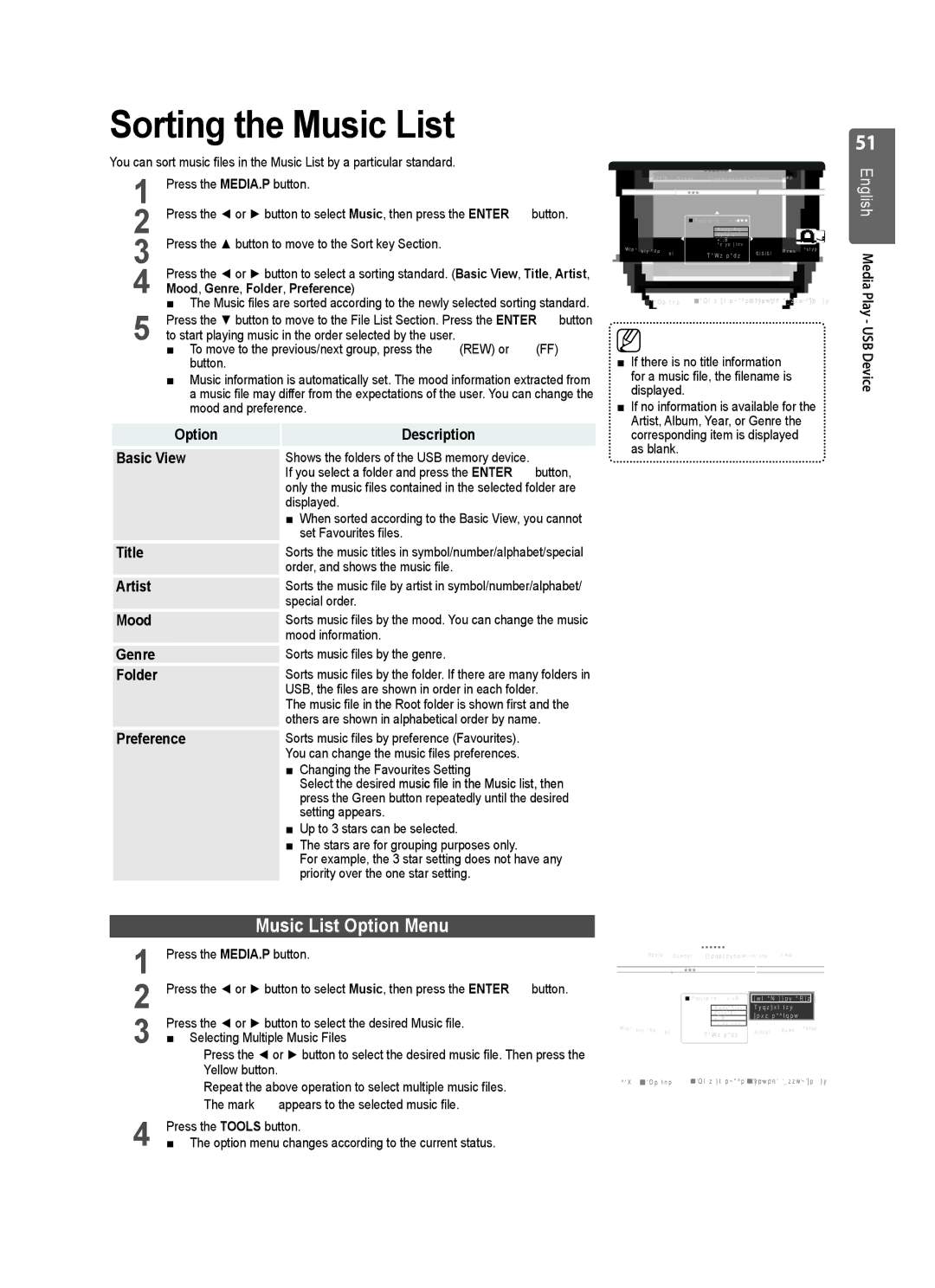 Samsung UE40B8000 user manual Sorting the Music List, Music List Option Menu 