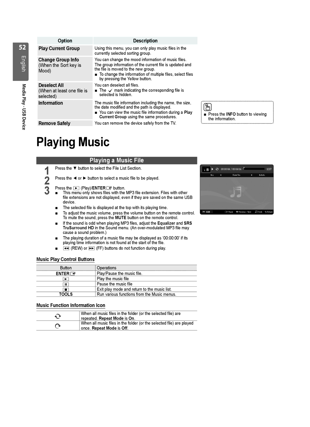 Samsung UE40B8000 user manual Playing Music, Playing a Music File, Option Description Play Current Group, Tools 