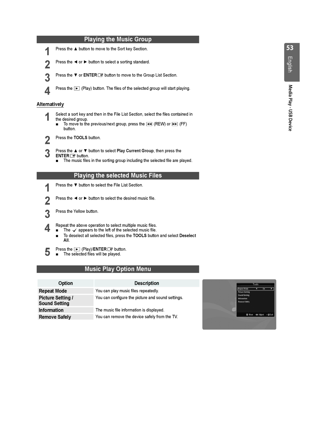 Samsung UE40B8000 user manual Playing the Music Group, Playing the selected Music Files, Music Play Option Menu 