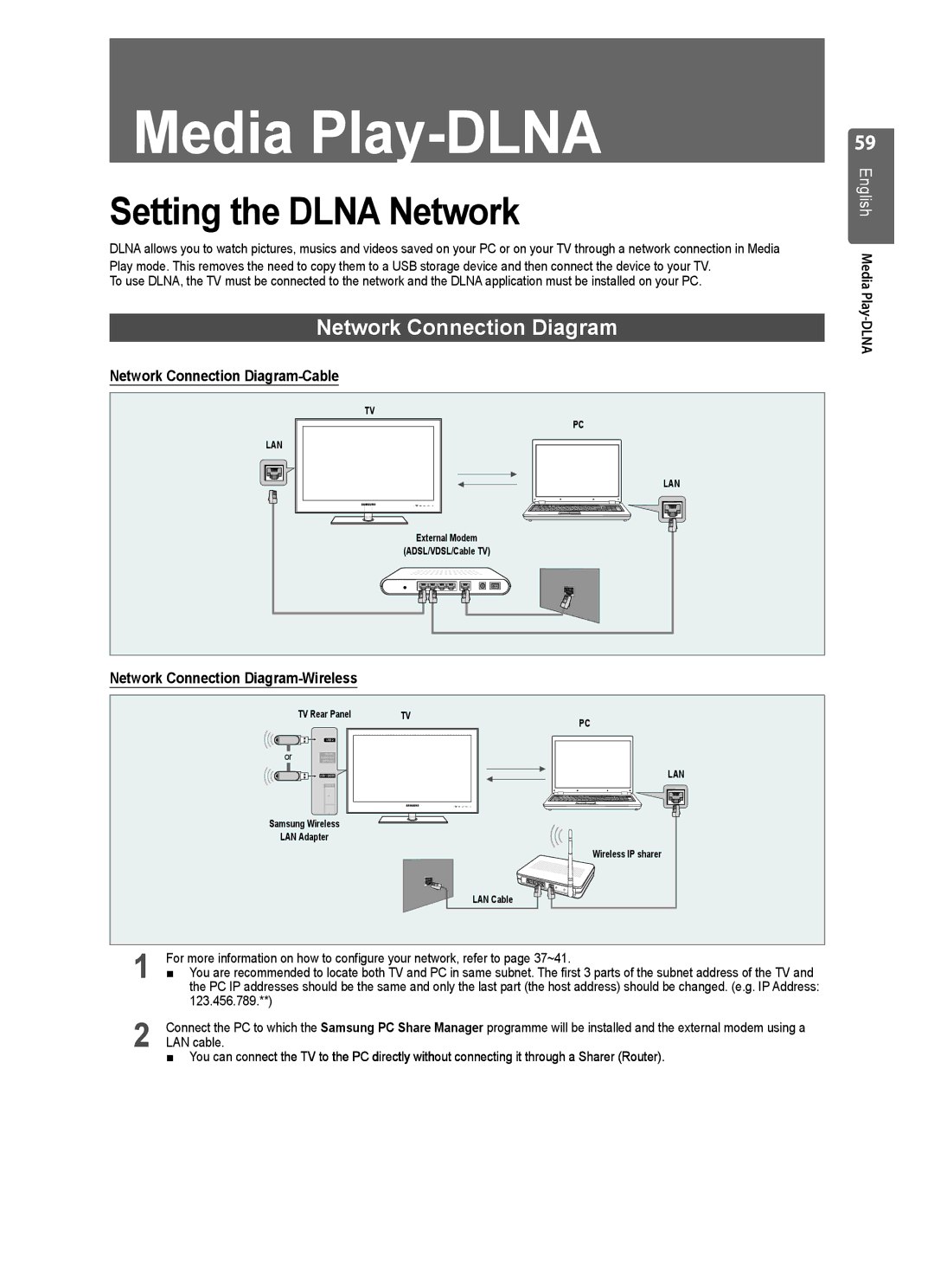 Samsung UE40B8000 Setting the Dlna Network, Network Connection Diagram-Cable, Network Connection Diagram-Wireless 