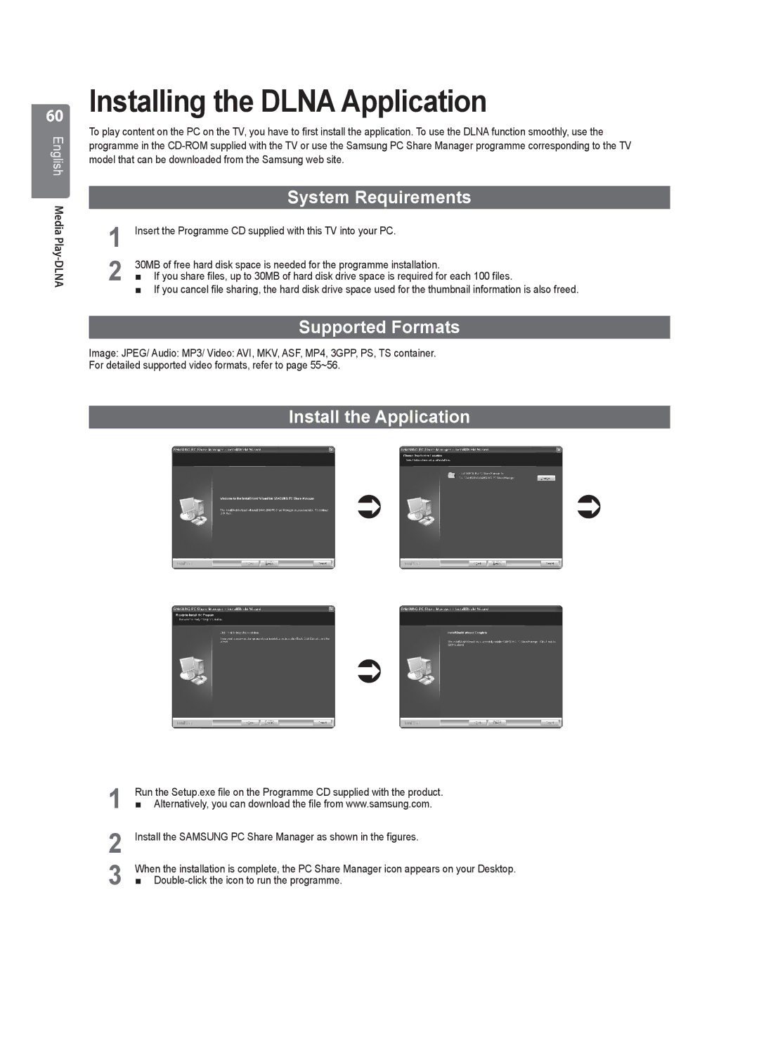 Samsung UE40B8000 Installing the Dlna Application, System Requirements, Supported Formats, Install the Application 