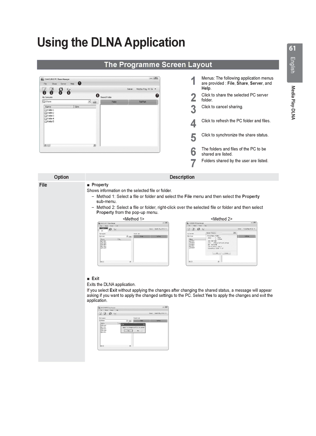 Samsung UE40B8000 user manual Using the Dlna Application, Programme Screen Layout, Description File 