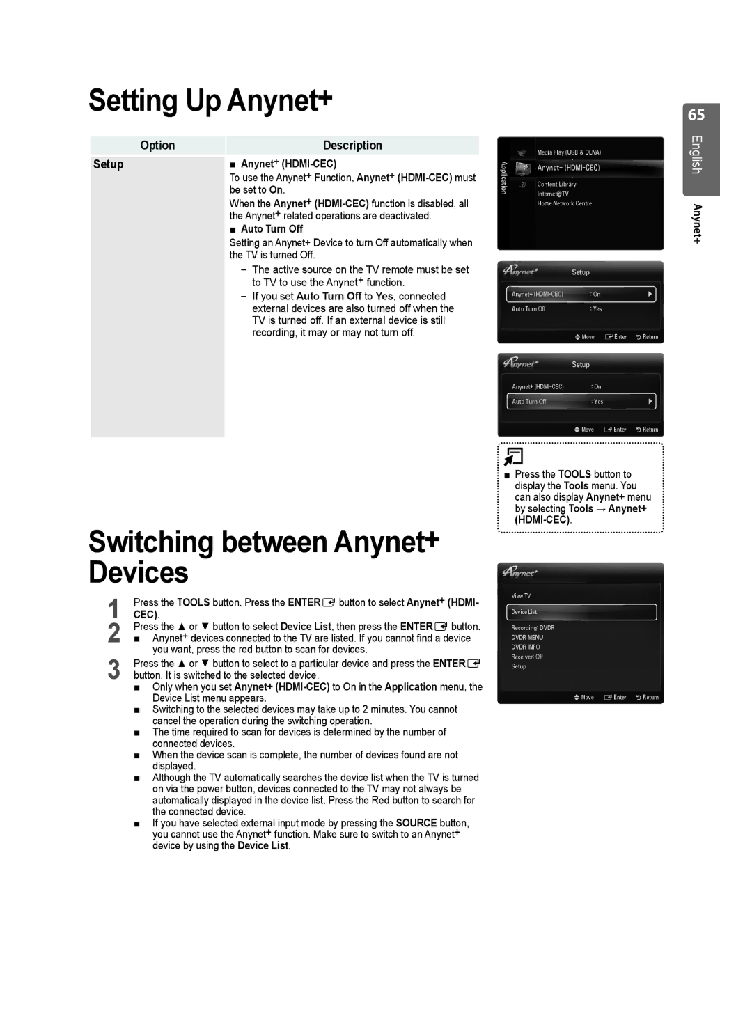 Samsung UE40B8000 user manual Setting Up Anynet+, Switching between Anynet+ Devices, Option Description, Setup 