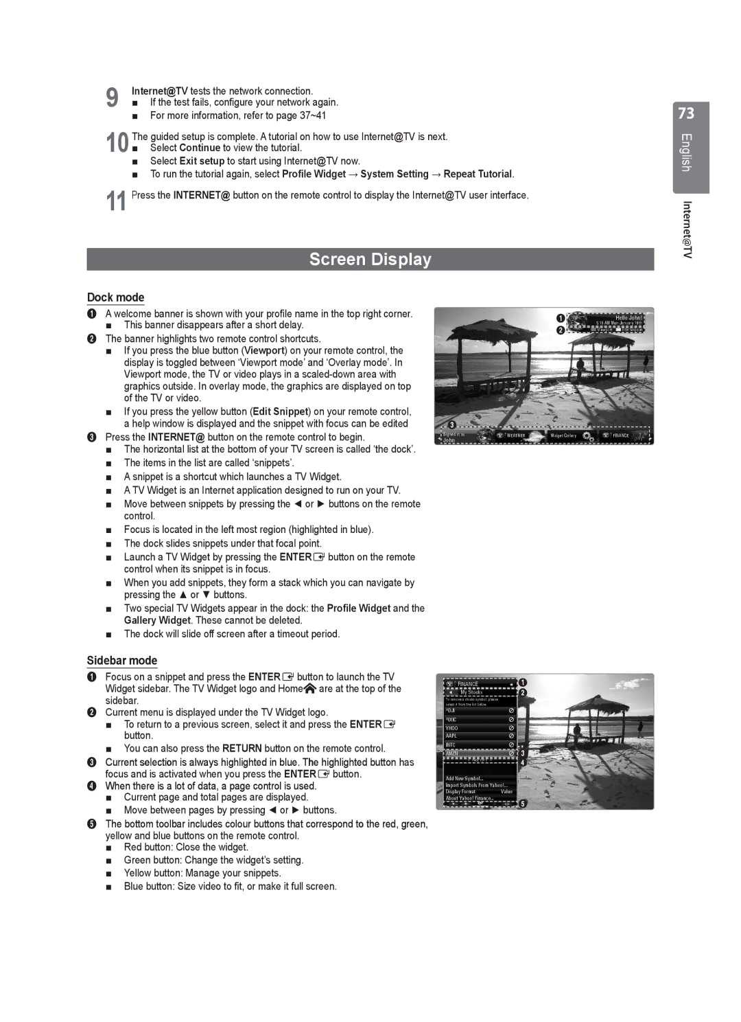 Samsung UE40B8000 user manual Screen Display, Dock mode, Sidebar mode, When there is a lot of data, a page control is used 