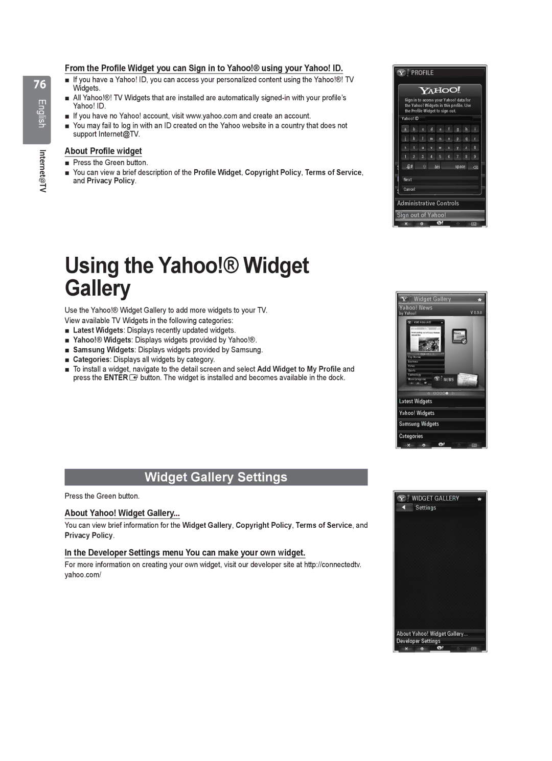 Samsung UE40B8000 user manual Widget Gallery Settings, About Profile widget, About Yahoo! Widget Gallery, Privacy Policy 