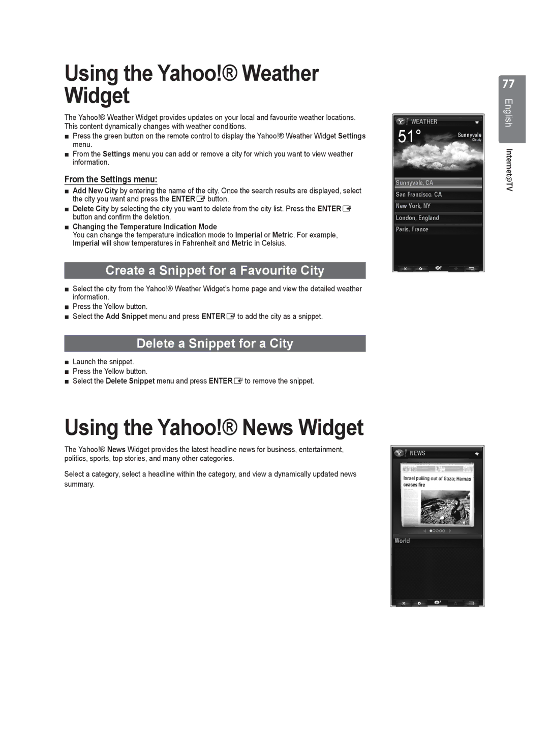 Samsung UE40B8000 Using the Yahoo! Weather Widget, Create a Snippet for a Favourite City, Delete a Snippet for a City 