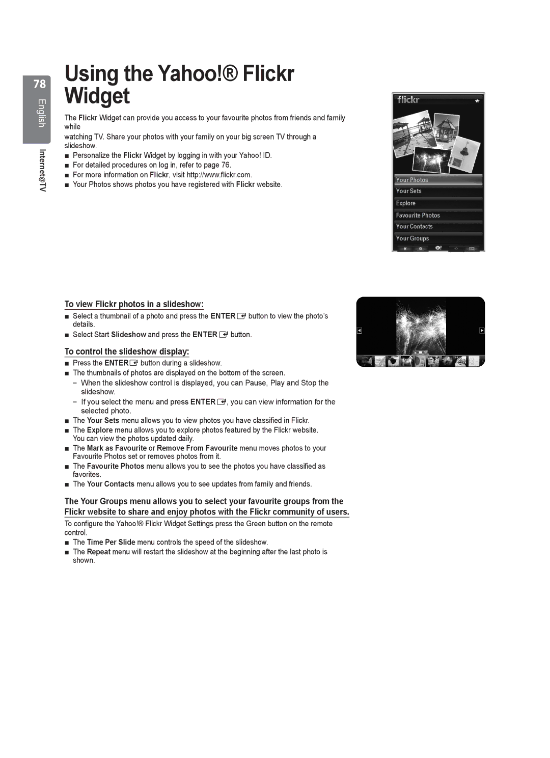 Samsung UE40B8000 Using the Yahoo! Flickr Widget, To view Flickr photos in a slideshow, To control the slideshow display 