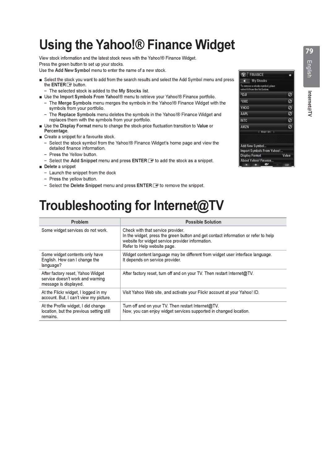 Samsung UE40B8000 user manual Troubleshooting for Internet@TV, Problem Possible Solution, Refer to Help website 