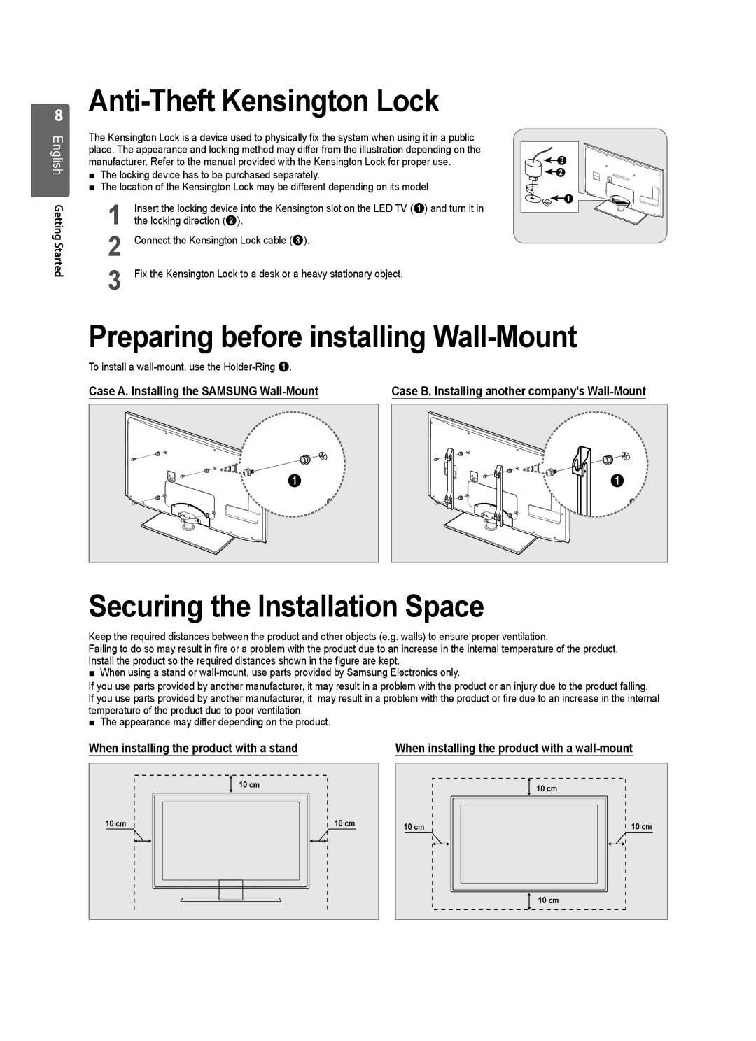 Samsung UE40B8000 Anti-Theft Kensington Lock, Preparing before installing Wall-Mount, Securing the Installation Space 