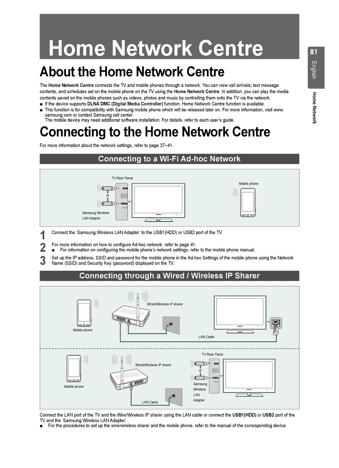 Samsung UE40B8000 user manual About the Home Network Centre, Connecting to the Home Network Centre, English Home Network 