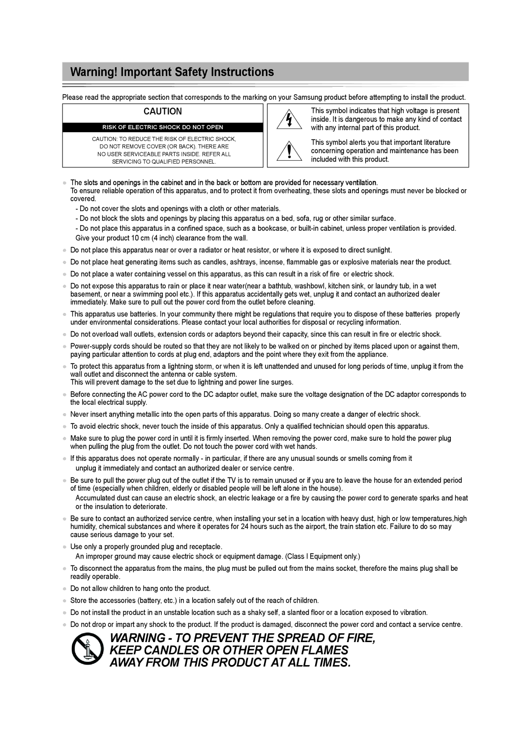 Samsung UE40B8000 user manual Risk of Electric Shock do not Open 