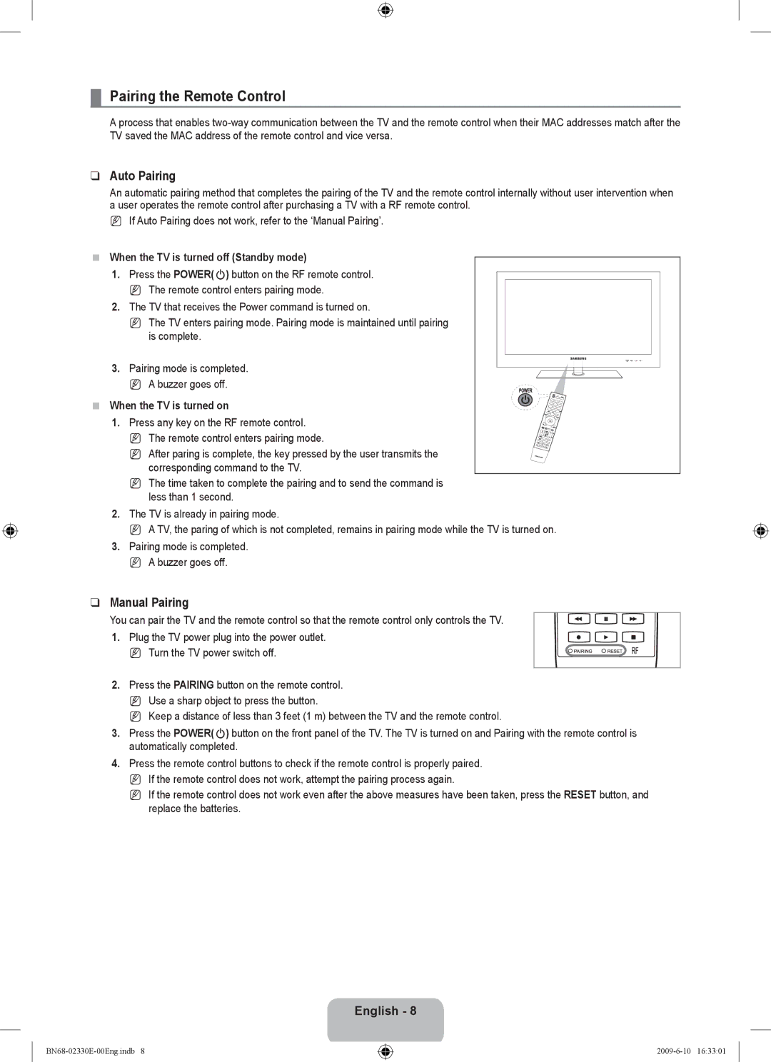 Samsung UE40B8000XWXBT Pairing the Remote Control, Auto Pairing, Manual Pairing, When the TV is turned off Standby mode 