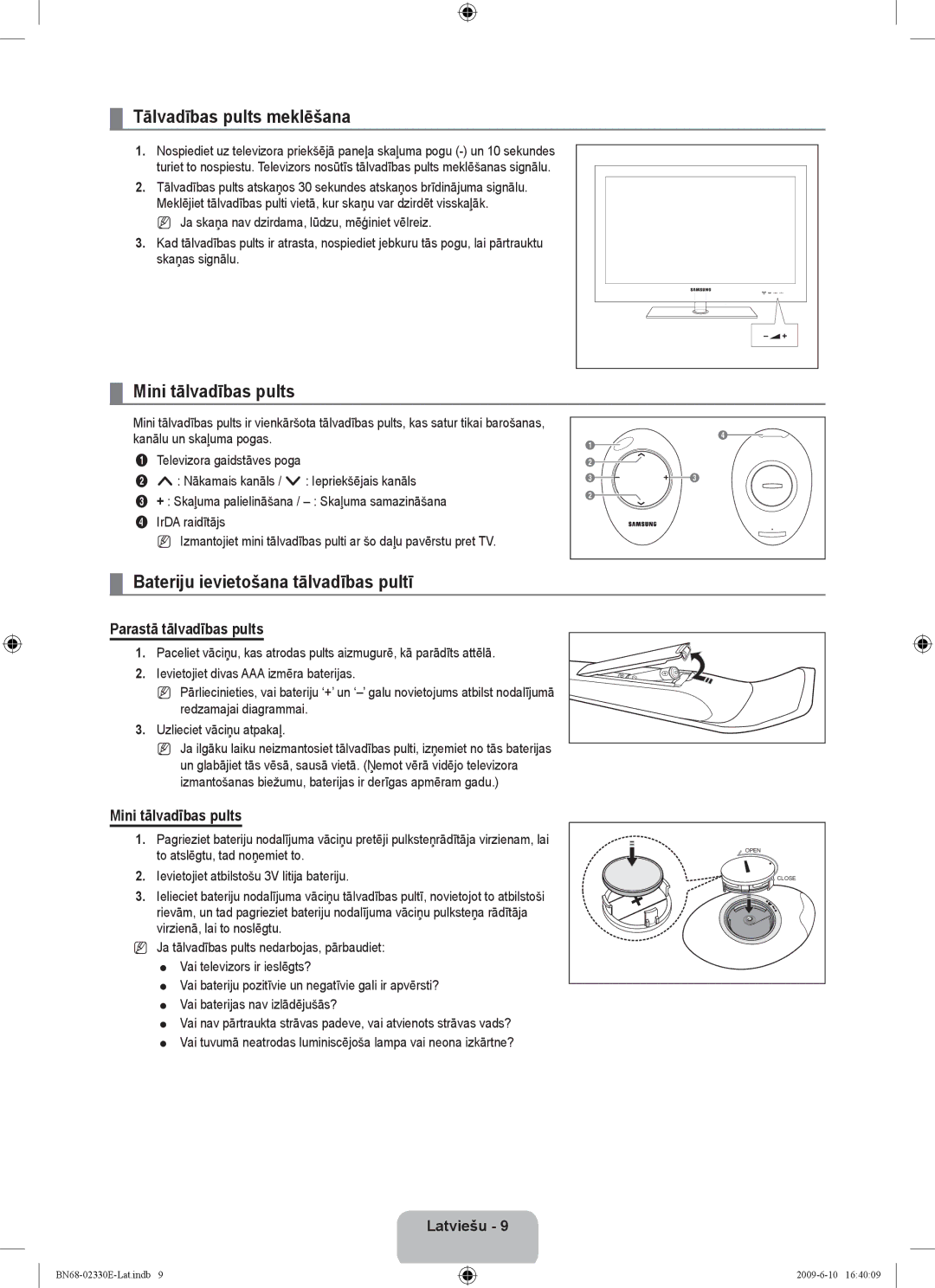 Samsung UE40B8000XWXBT manual Tālvadības pults meklēšana, Mini tālvadības pults, Bateriju ievietošana tālvadības pultī 