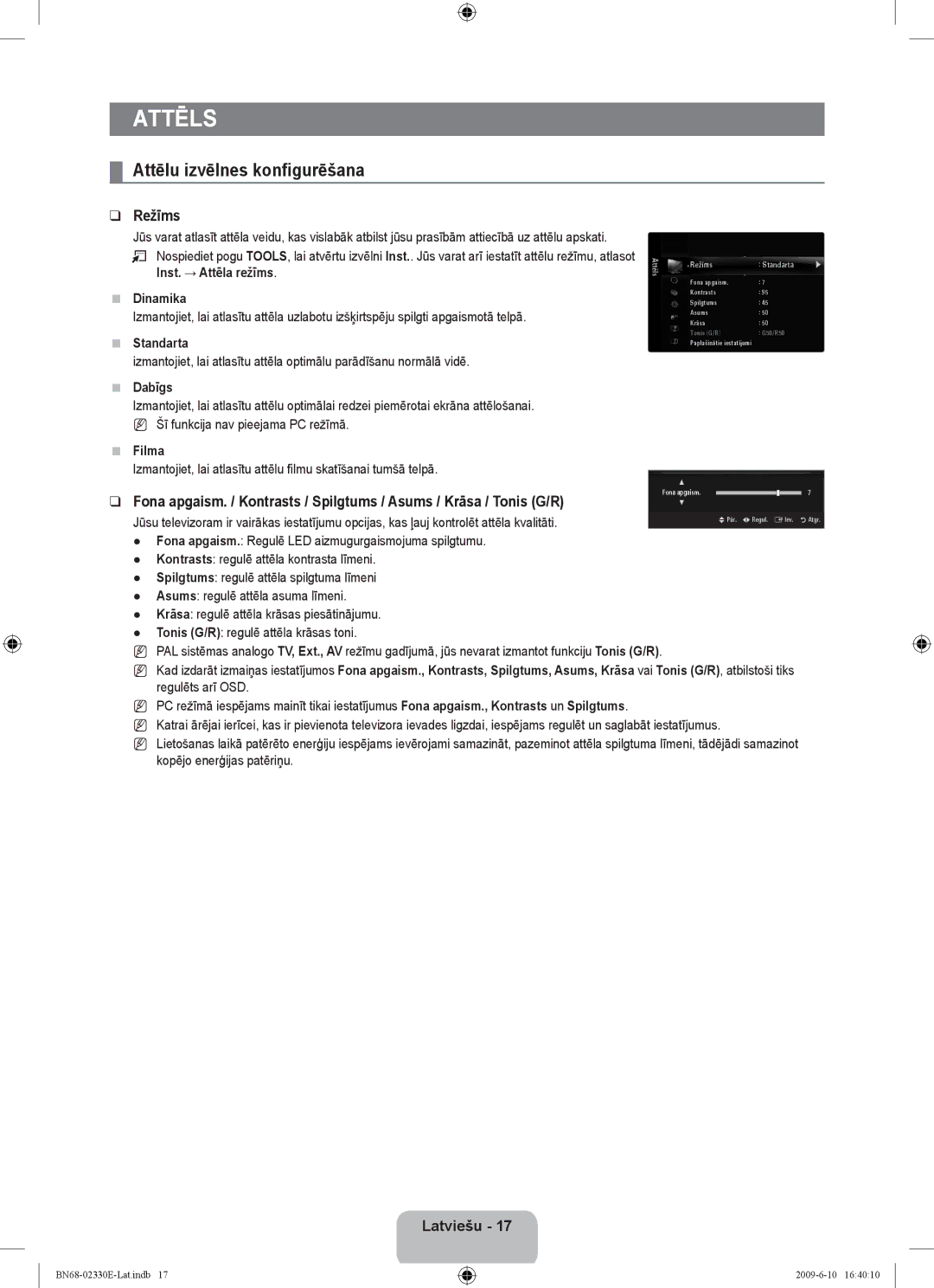 Samsung UE40B8000XWXBT manual Attēls, Attēlu izvēlnes konfigurēšana, Režīms, Dabīgs, Filma 