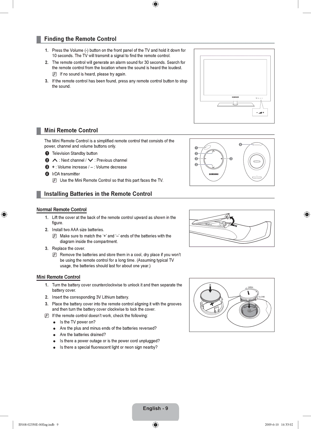 Samsung UE40B8000XWXBT manual Finding the Remote Control, Mini Remote Control, Installing Batteries in the Remote Control 