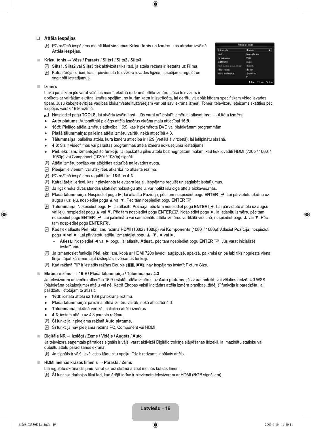 Samsung UE40B8000XWXBT manual Attēla iespējas 