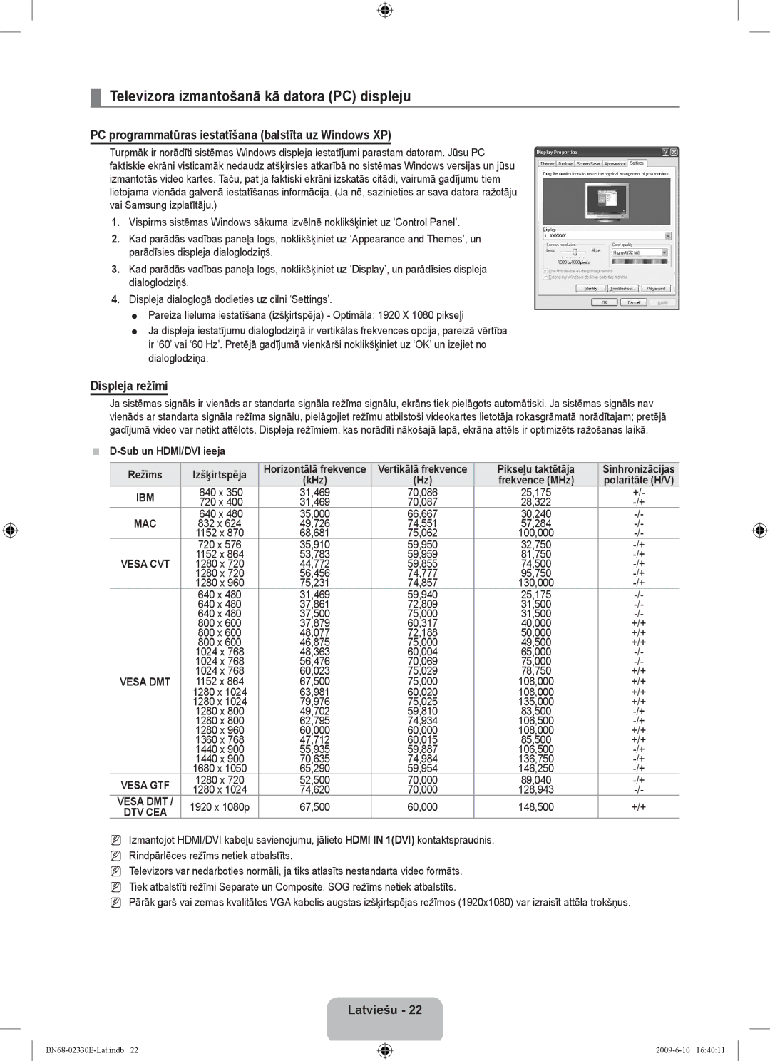 Samsung UE40B8000XWXBT Televizora izmantošanā kā datora PC displeju, PC programmatūras iestatīšana balstīta uz Windows XP 