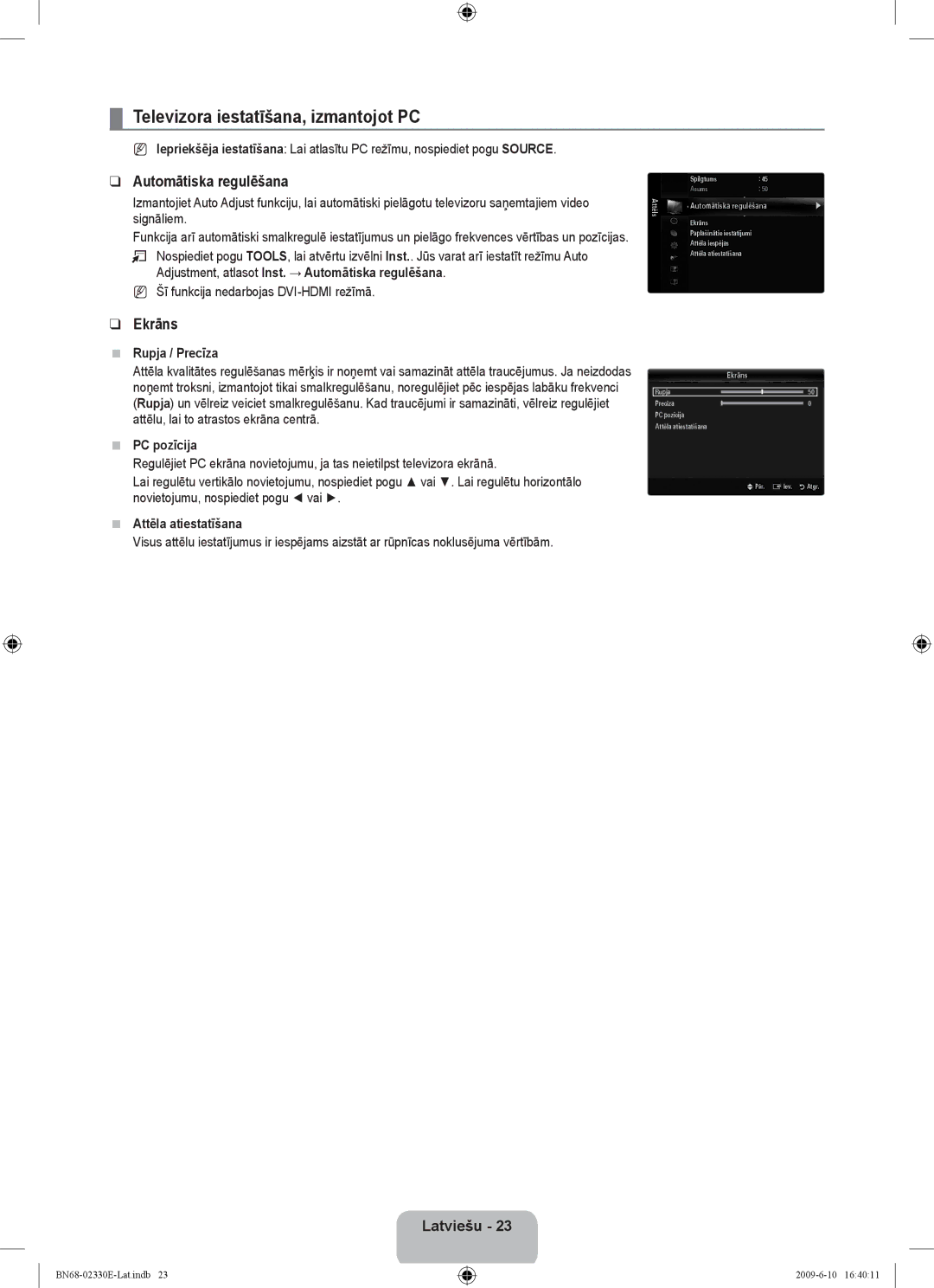Samsung UE40B8000XWXBT manual Televizora iestatīšana, izmantojot PC, Automātiska regulēšana, Ekrāns 