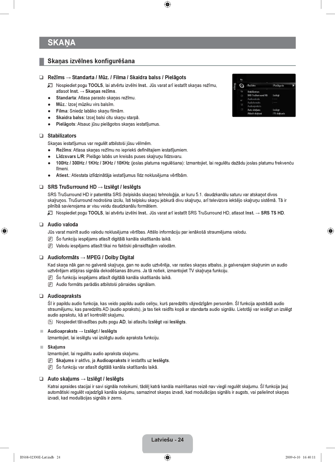 Samsung UE40B8000XWXBT manual Skaņas izvēlnes konfigurēšana 