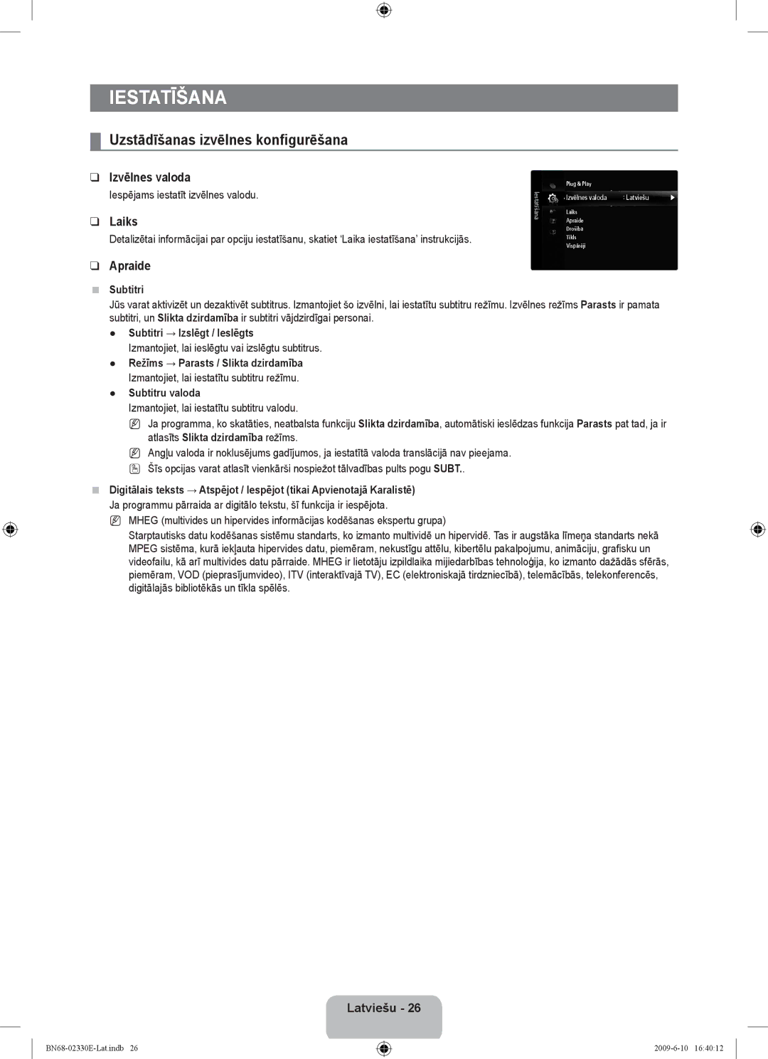 Samsung UE40B8000XWXBT manual Iestatīšana, Uzstādīšanas izvēlnes konfigurēšana, Izvēlnes valoda, Laiks, Apraide 