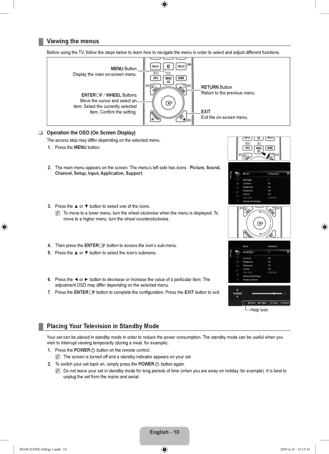 Samsung UE40B8000XWXBT Viewing the menus, Placing Your Television in Standby Mode, Operation the OSD On Screen Display 