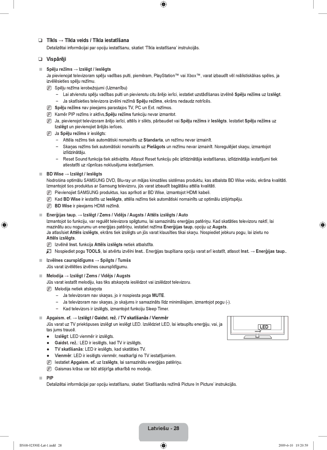 Samsung UE40B8000XWXBT manual Tīkls → Tīkla veids / Tīkla iestatīšana, Vispārēji, Pip Led 