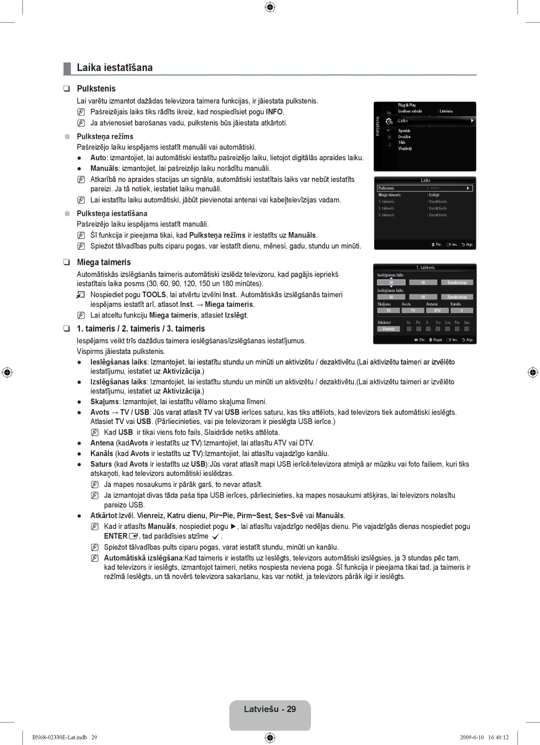 Samsung UE40B8000XWXBT manual Laika iestatīšana, Pulkstenis, Miega taimeris, Taimeris / 2. taimeris / 3. taimeris 