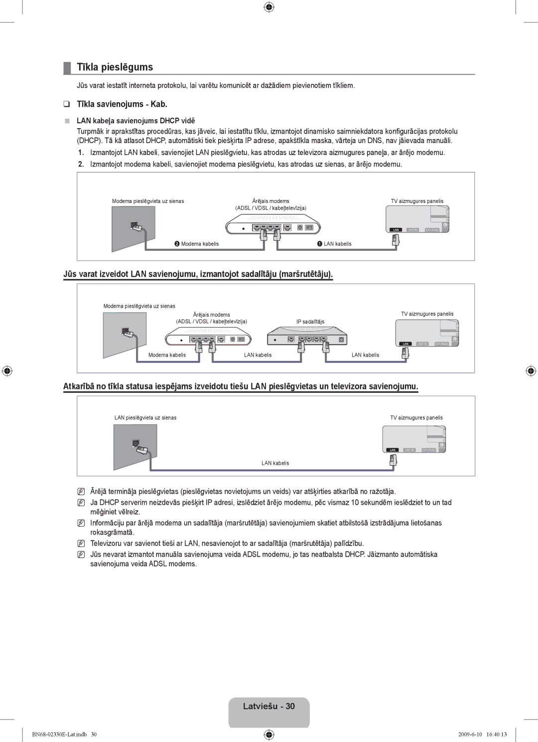 Samsung UE40B8000XWXBT manual Tīkla pieslēgums, Tīkla savienojums Kab, LAN kabeļa savienojums Dhcp vidē 