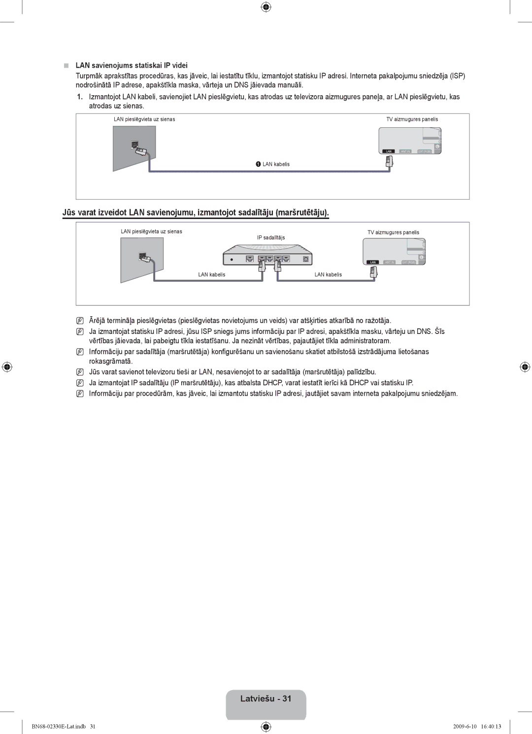 Samsung UE40B8000XWXBT manual LAN savienojums statiskai IP videi 