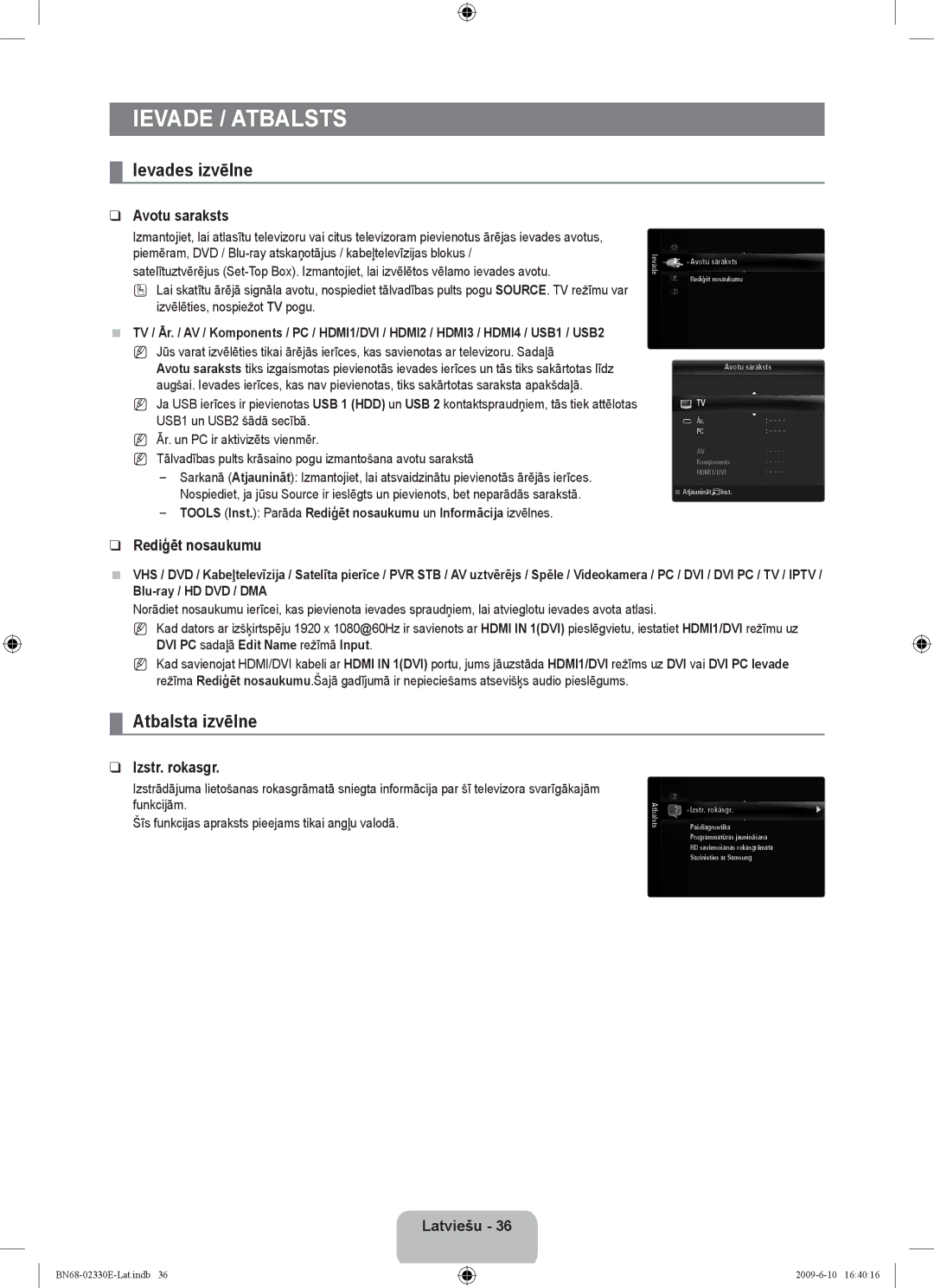 Samsung UE40B8000XWXBT manual Ievades izvēlne, Atbalsta izvēlne, Avotu saraksts, Rediģēt nosaukumu, Izstr. rokasgr 