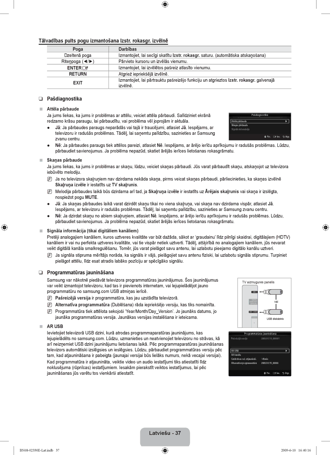 Samsung UE40B8000XWXBT manual Tālvadības pults pogu izmantošana Izstr. rokasgr. izvēlnē, Pašdiagnostika, Ar Usb 