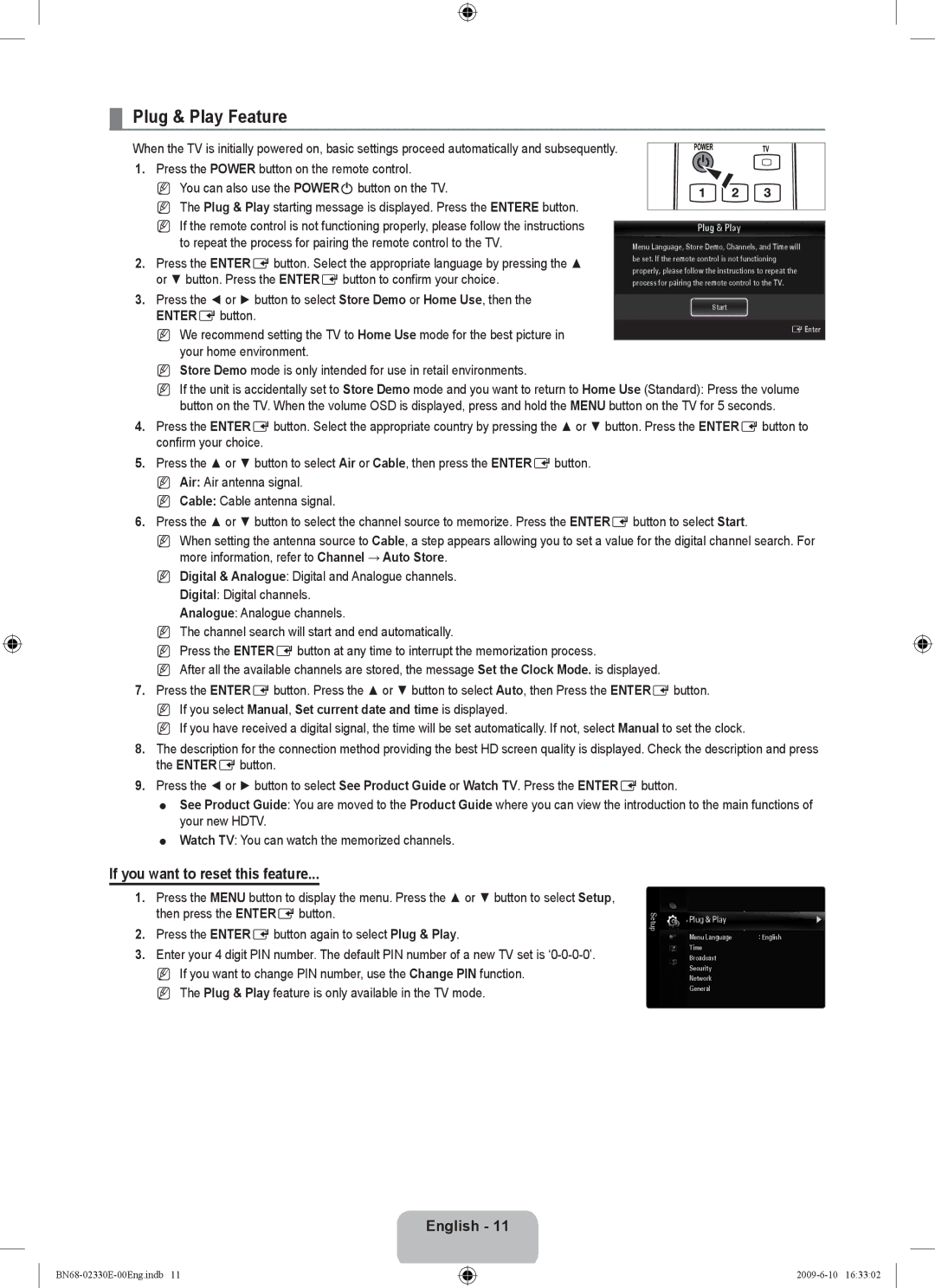 Samsung UE40B8000XWXBT manual Plug & Play Feature, If you want to reset this feature 