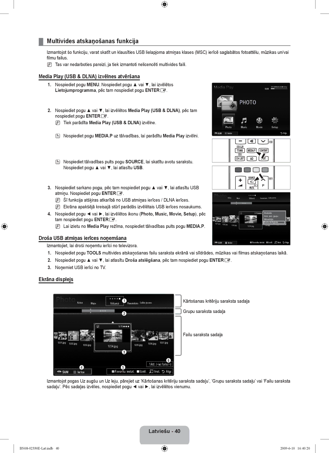 Samsung UE40B8000XWXBT manual Multivides atskaņošanas funkcija, Media Play USB & Dlna izvēlnes atvēršana, Ekrāna displejs 