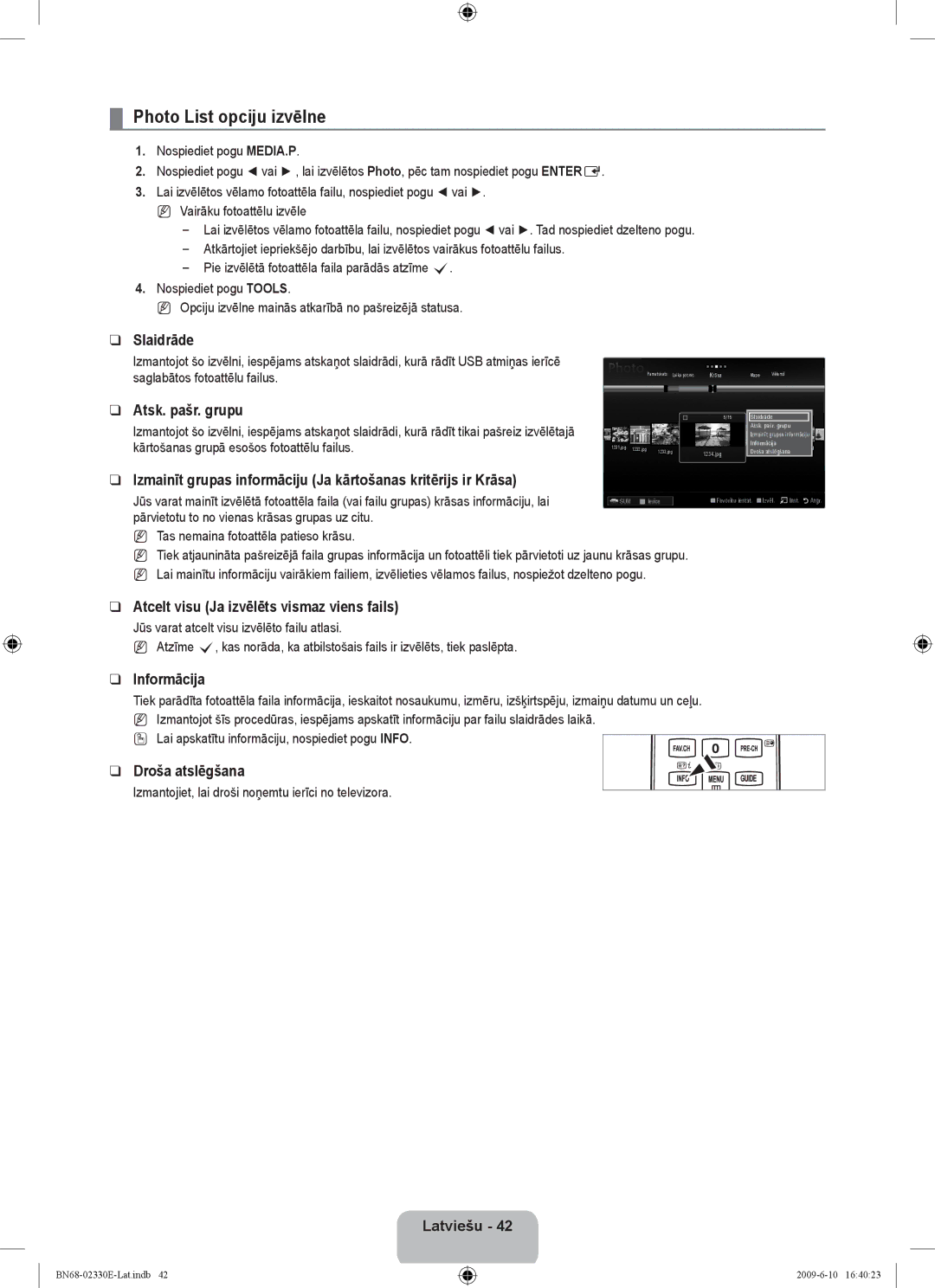 Samsung UE40B8000XWXBT manual Photo List opciju izvēlne 