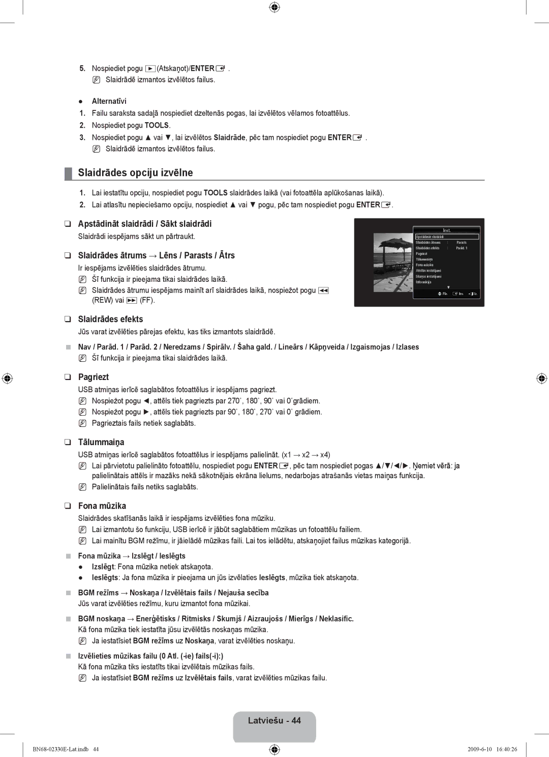 Samsung UE40B8000XWXBT manual Slaidrādes opciju izvēlne 