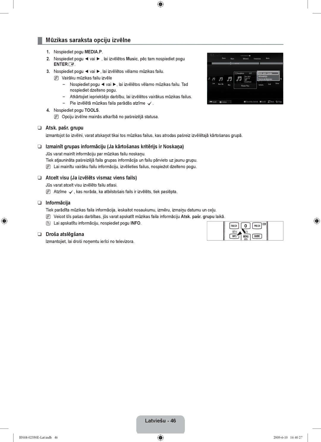 Samsung UE40B8000XWXBT manual Mūzikas saraksta opciju izvēlne, Jūs varat mainīt informāciju par mūzikas failu noskaņu 