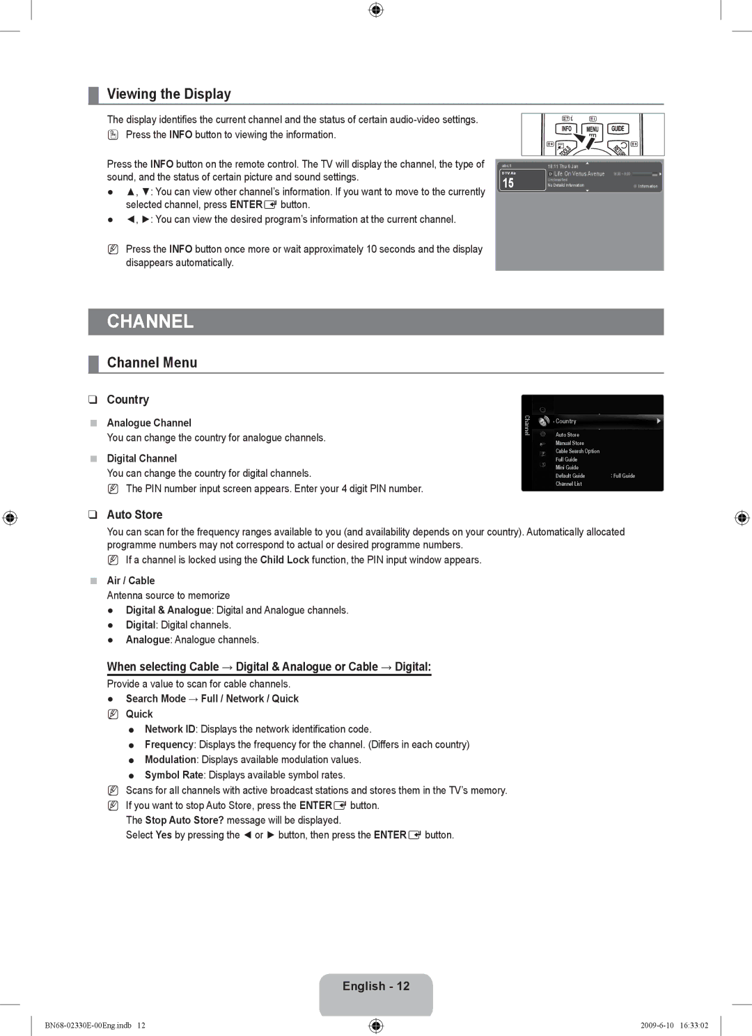 Samsung UE40B8000XWXBT manual Viewing the Display, Channel Menu, Country, Auto Store 