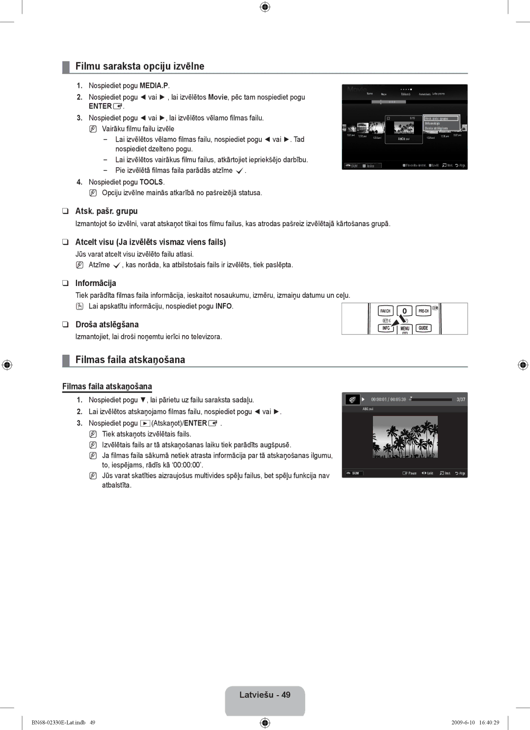 Samsung UE40B8000XWXBT manual Filmu saraksta opciju izvēlne, Filmas faila atskaņošana 