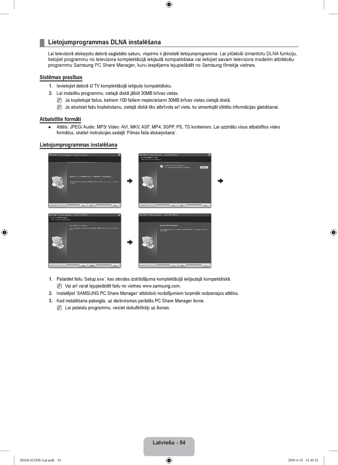 Samsung UE40B8000XWXBT manual Lietojumprogrammas Dlna instalēšana, Sistēmas prasības, Atbalstītie formāti 