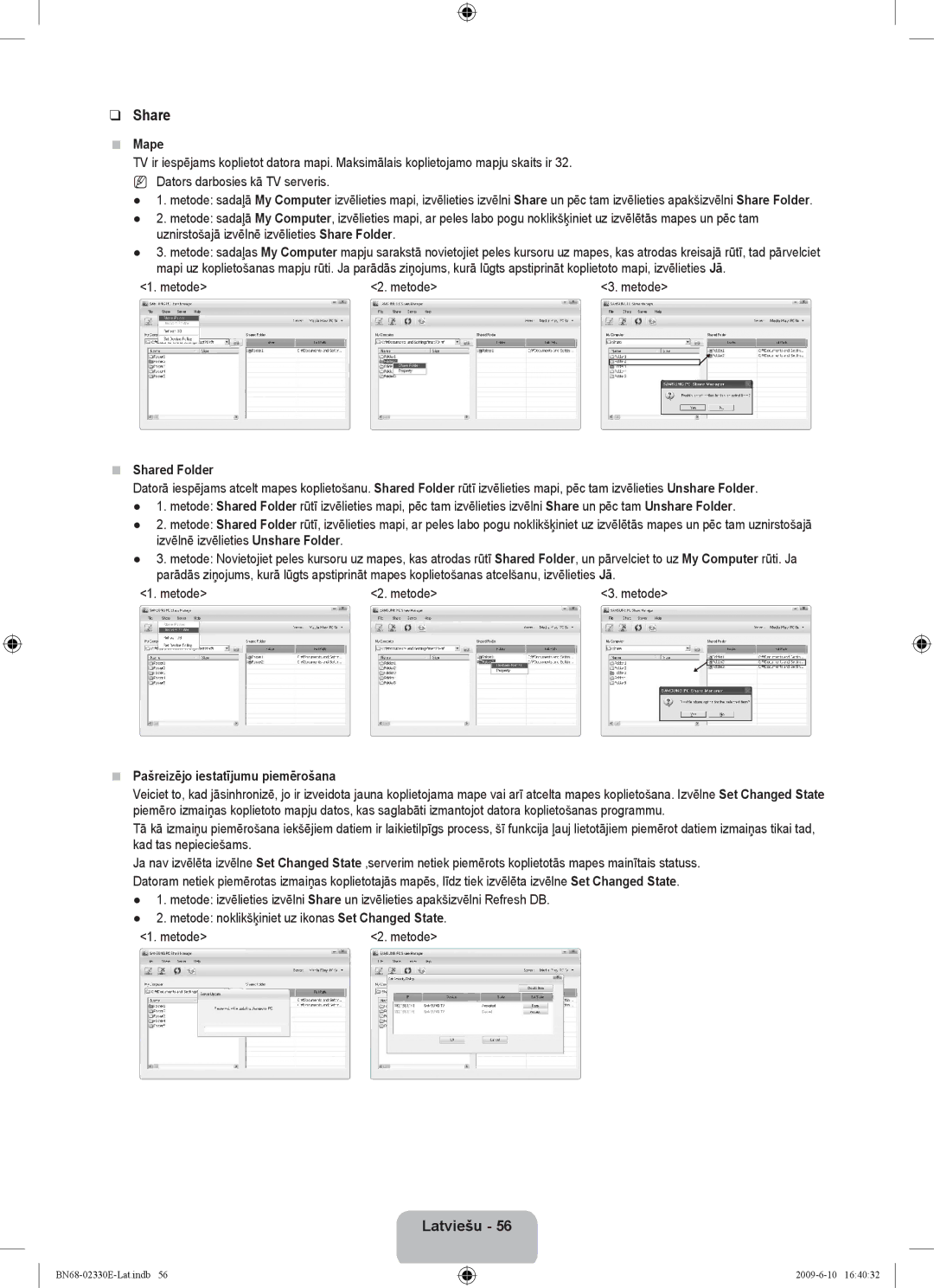 Samsung UE40B8000XWXBT manual Mape, Metode, Shared Folder, Pašreizējo iestatījumu piemērošana 