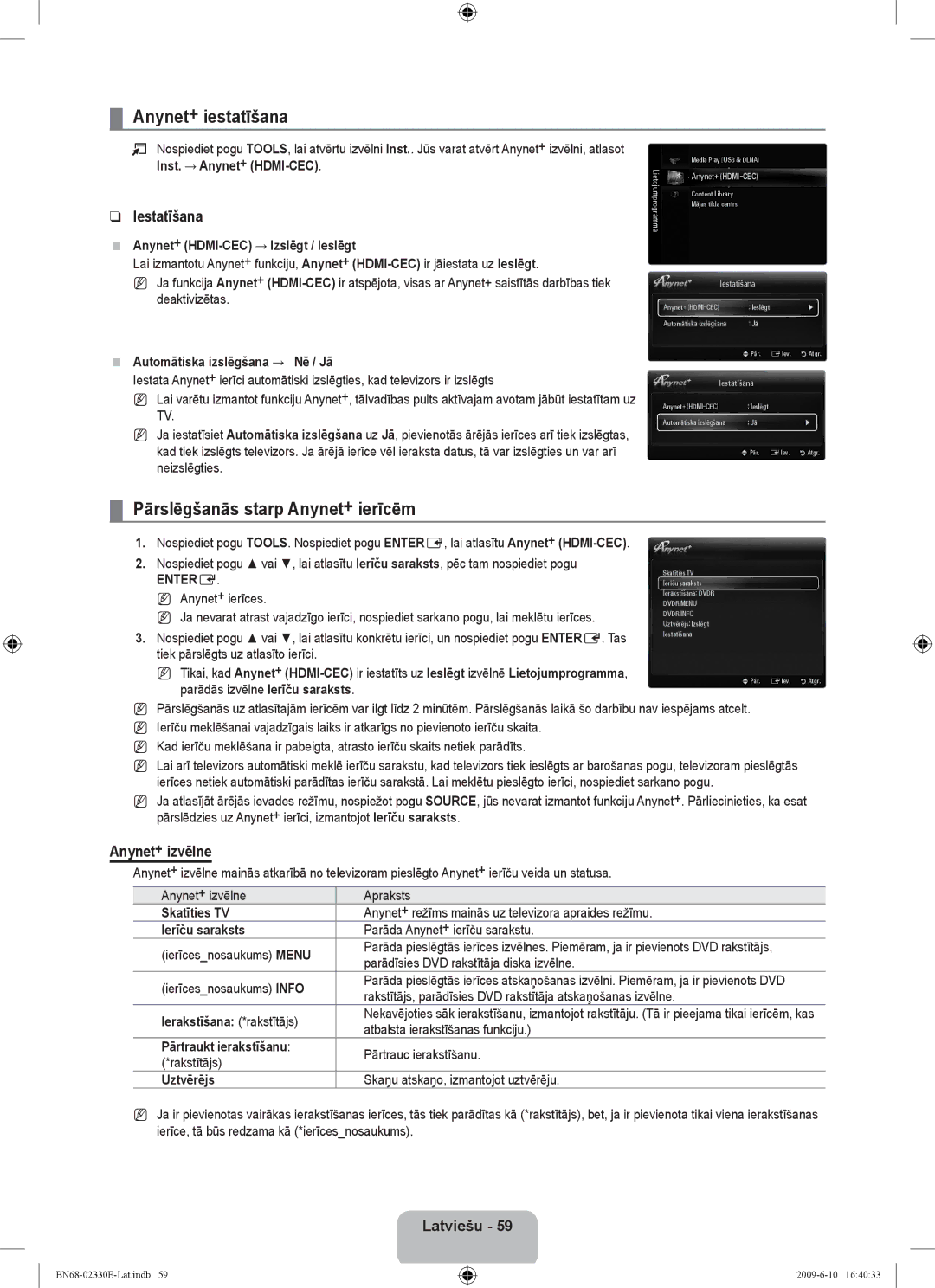 Samsung UE40B8000XWXBT manual Anynet+ iestatīšana, Pārslēgšanās starp Anynet+ ierīcēm, Iestatīšana, Anynet+ izvēlne 